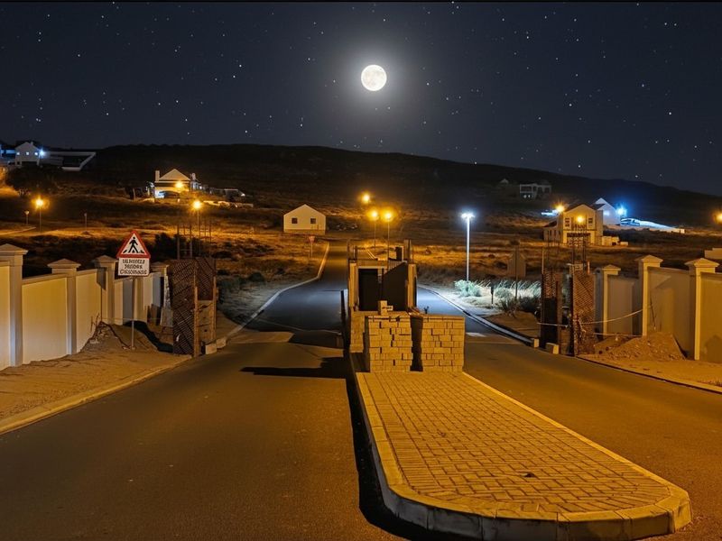 Night view of a residential estate entrance featuring a security gatehouse, paved driveway, and perimeter wall under a clear moonlit sky.