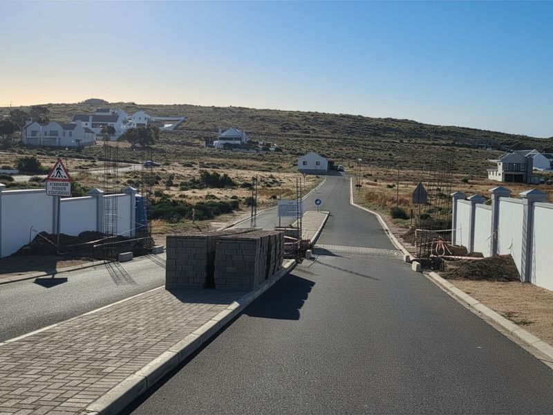A street view of a residential estate entrance under construction, featuring paved roads, sidewalks, and boundary wall infrastructure.