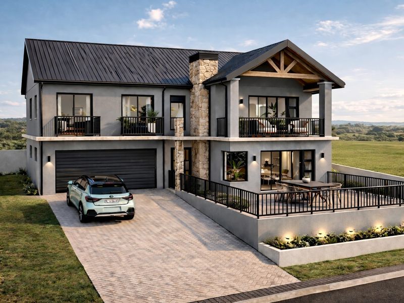 Modern two-story house featuring a metal roof, stone chimney, multiple balconies, a paved driveway, and a raised patio area.