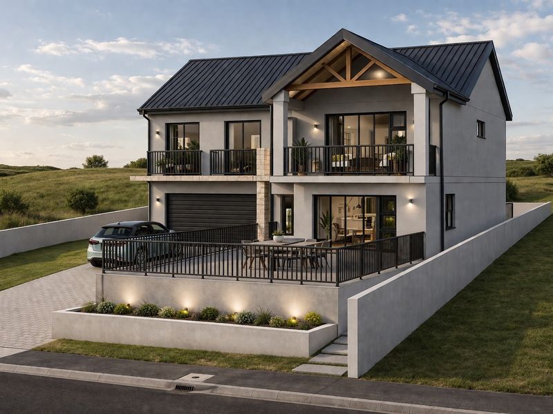 Modern two-story house featuring a metal roof, timber accents, spacious balconies, a paved driveway, and a raised patio area with integrated lighting.