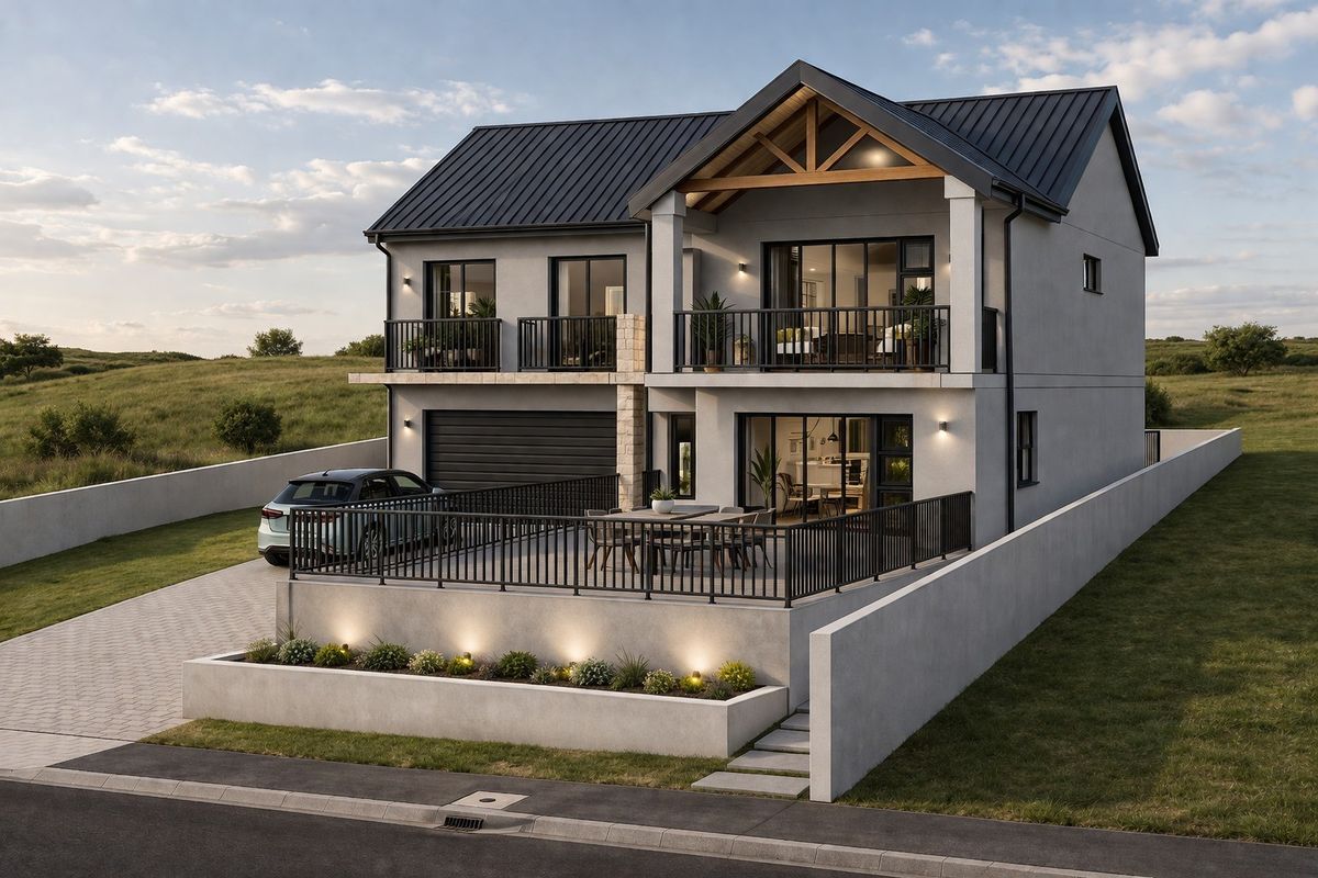 Modern two-story house featuring a metal roof, timber accents, spacious balconies, a paved driveway, and a raised patio area with integrated lighting.