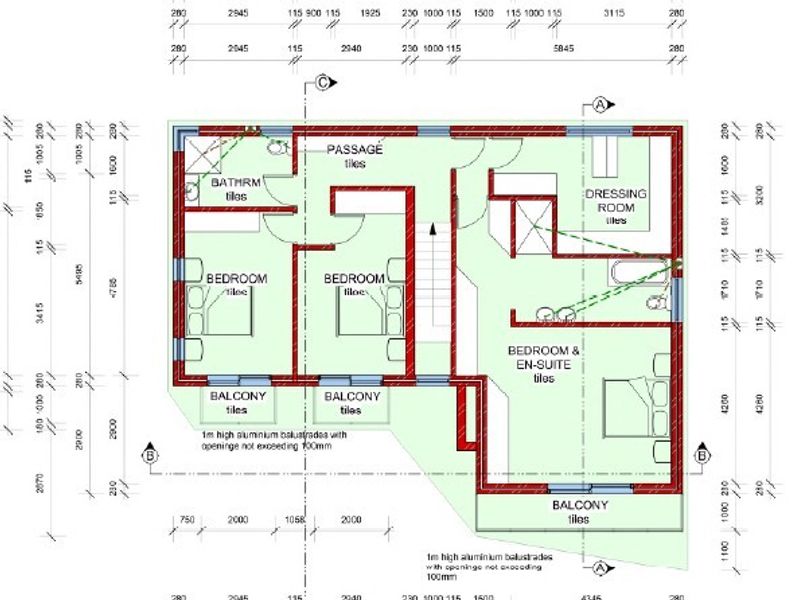 Architectural floor plan showing the layout of the upper level, including three bedrooms, en-suite bathrooms, a dressing room, and multiple balconies.