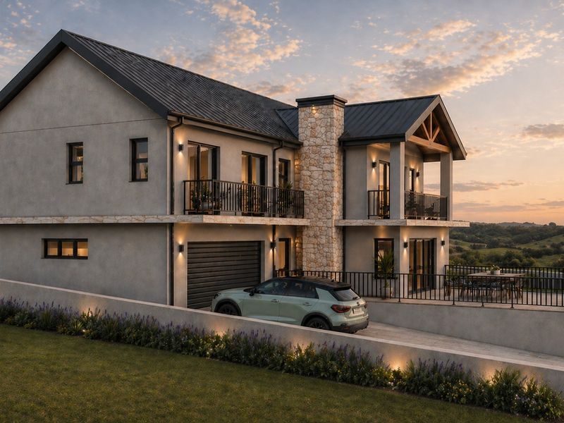 A modern two-story house featuring a metal roof, stone chimney, and spacious balconies, set against a scenic landscape at sunset.