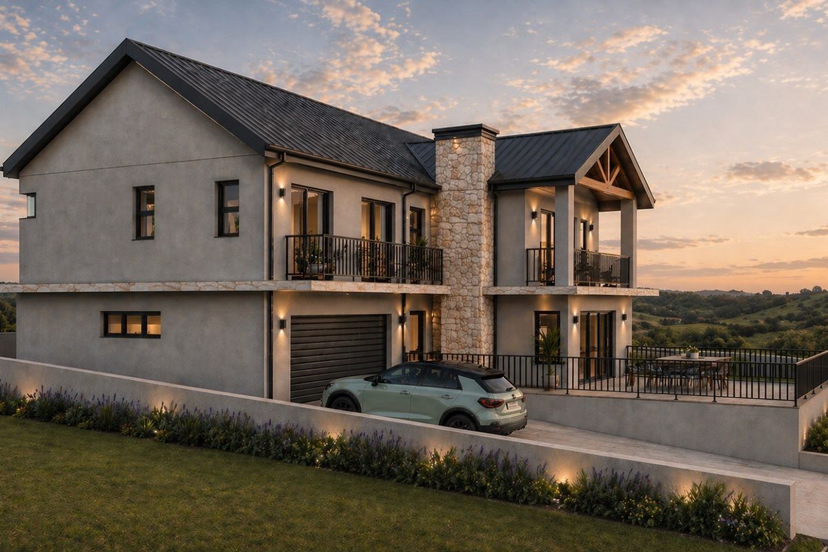 A modern two-story house featuring a metal roof, stone chimney, and spacious balconies, set against a scenic landscape at sunset.