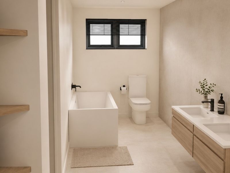 Modern bathroom featuring a double vanity with floating cabinetry, a built-in bathtub, and contemporary black matte fixtures in a neutral, minimalist design.