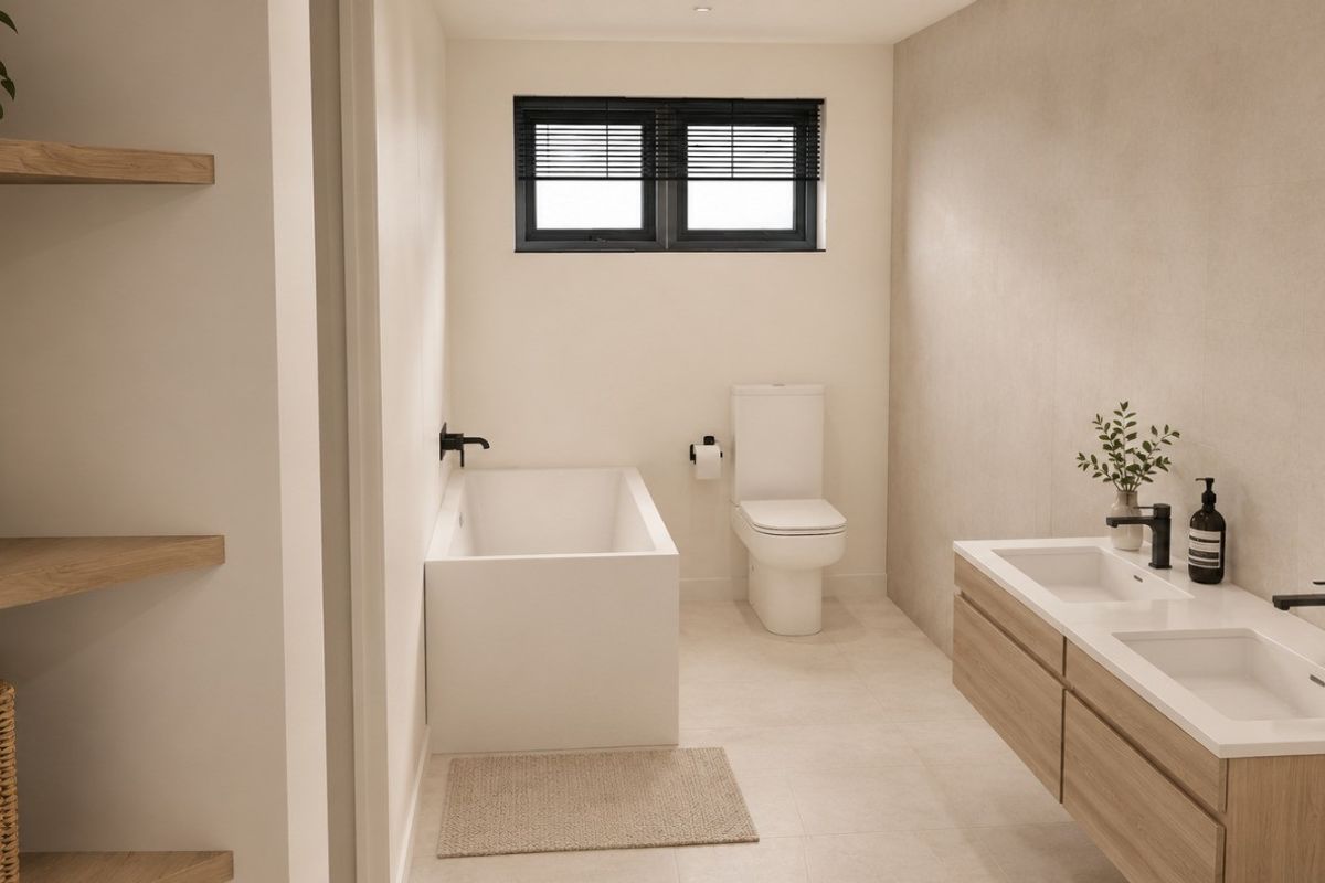 Modern bathroom featuring a double vanity with floating cabinetry, a built-in bathtub, and contemporary black matte fixtures in a neutral, minimalist design.