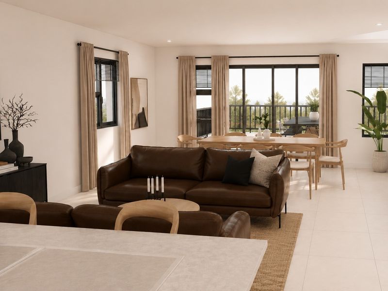 Spacious open-plan living and dining area featuring large format floor tiles, modern black-framed windows, and sliding glass doors leading to an outdoor balcony.