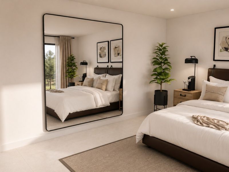 A modern, well-lit bedroom featuring a large wall mirror, recessed shelving, and neutral finishes, creating a bright and spacious atmosphere.