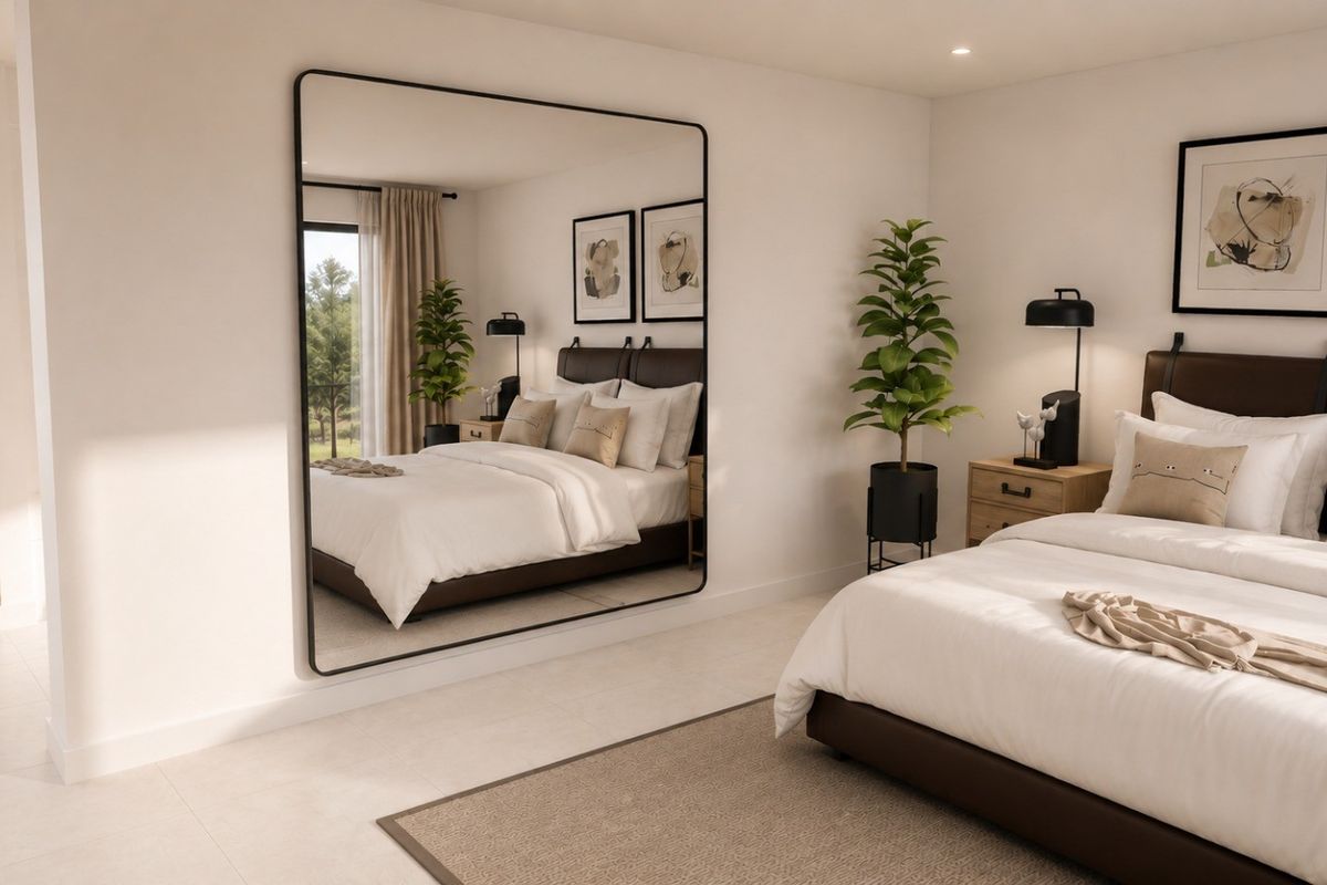 A modern, well-lit bedroom featuring a large wall mirror, recessed shelving, and neutral finishes, creating a bright and spacious atmosphere.