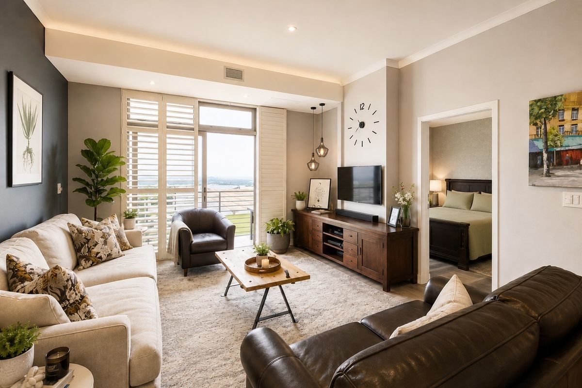 A well-appointed open-plan living area featuring recessed lighting, plantation shutters, and seamless access to a private balcony, with an adjoining bedroom.