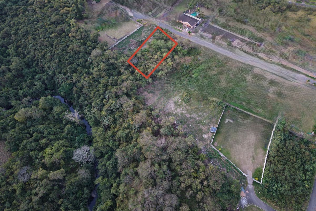An aerial view of a vacant residential plot highlighted in red, situated in a natural, wooded area near a stream.