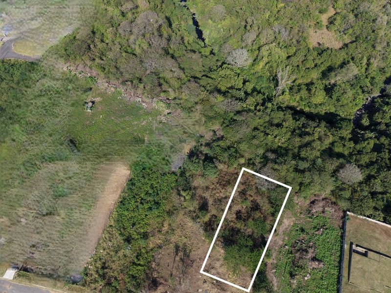 Aerial view of a vacant residential plot featuring natural vegetation and sloped terrain, outlined in white for clear boundary identification.