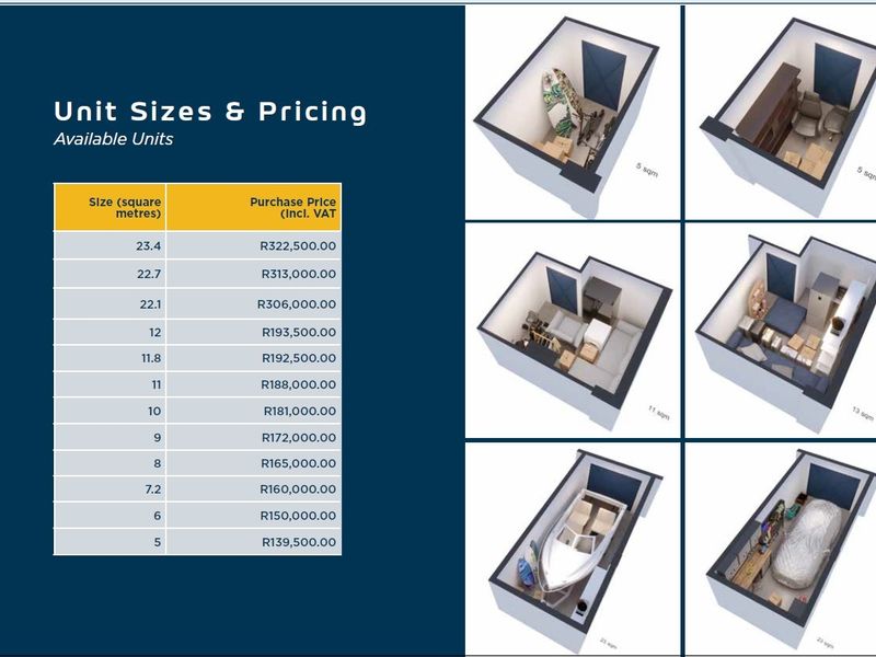 A promotional graphic displaying available commercial unit sizes and pricing, accompanied by 3D rendered examples of potential storage and workspace configurations.