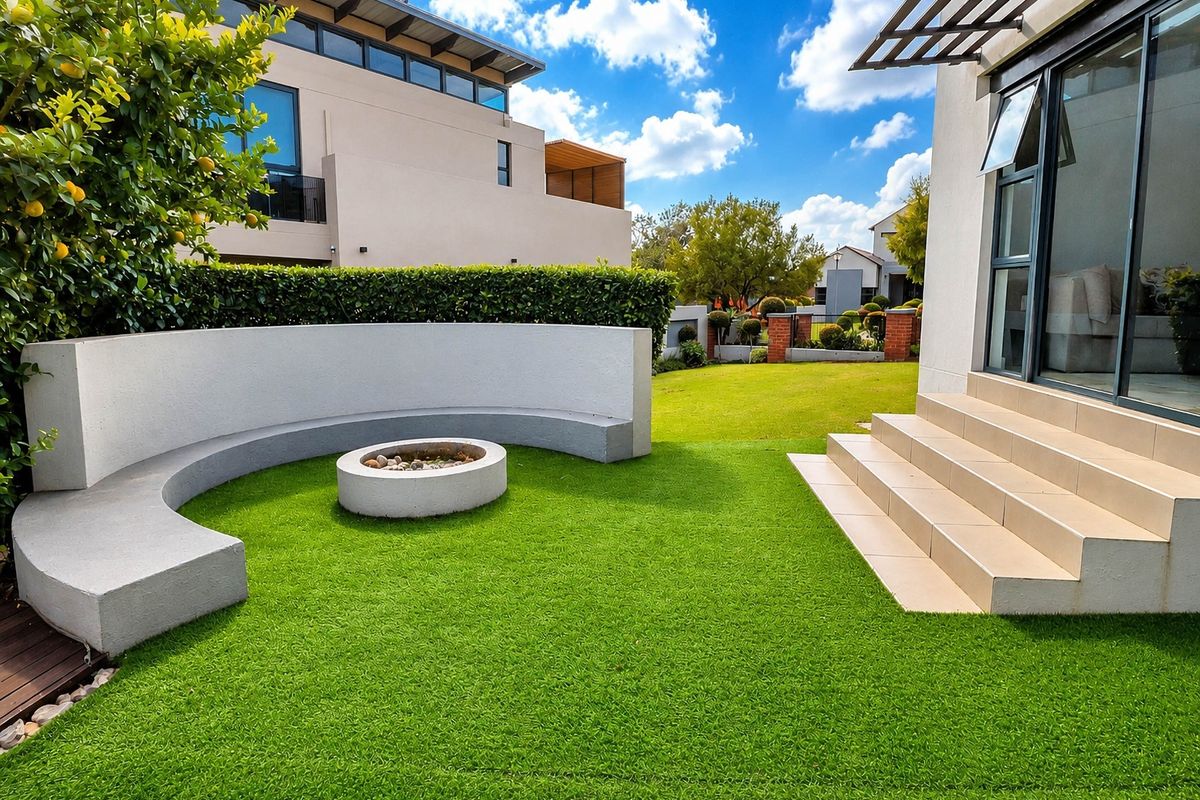 A well-maintained rear garden featuring a built-in circular fire pit with a curved concrete bench, artificial lawn, and tiled steps leading to the home.