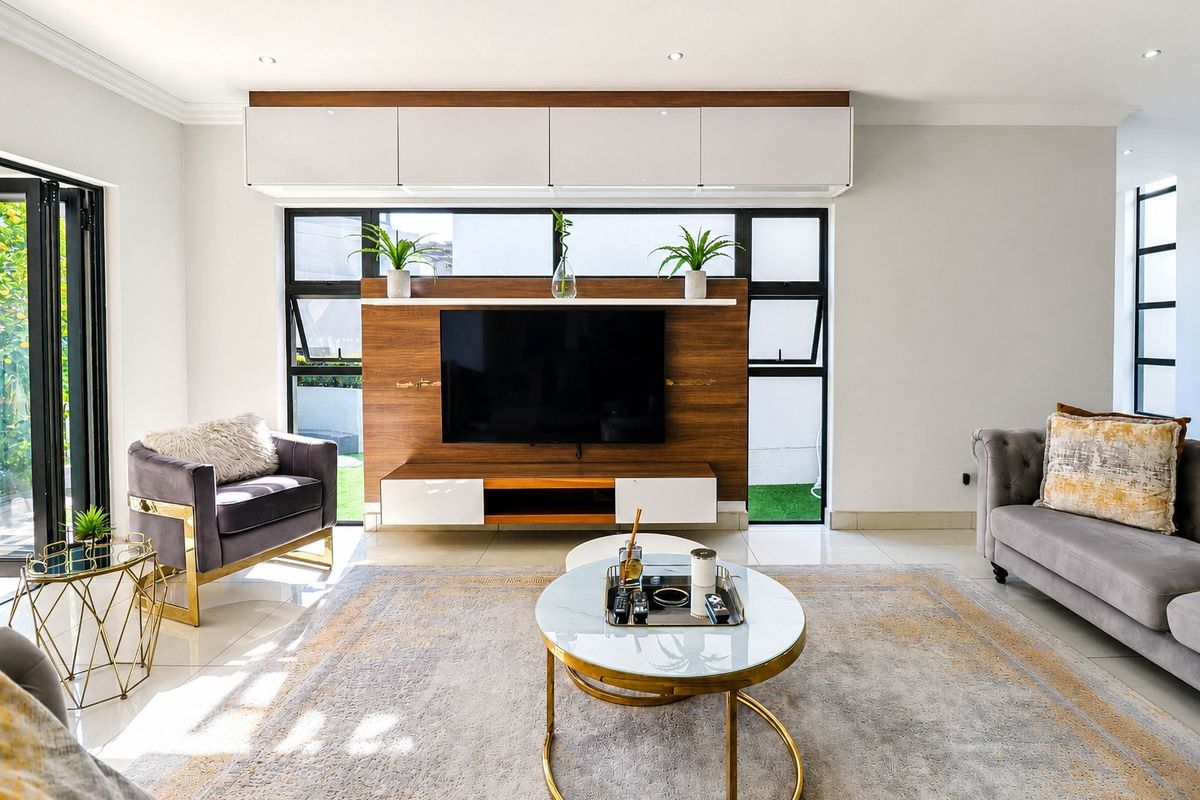 Modern living room featuring a custom built-in media wall with integrated cabinetry, large windows, and polished tiled flooring.