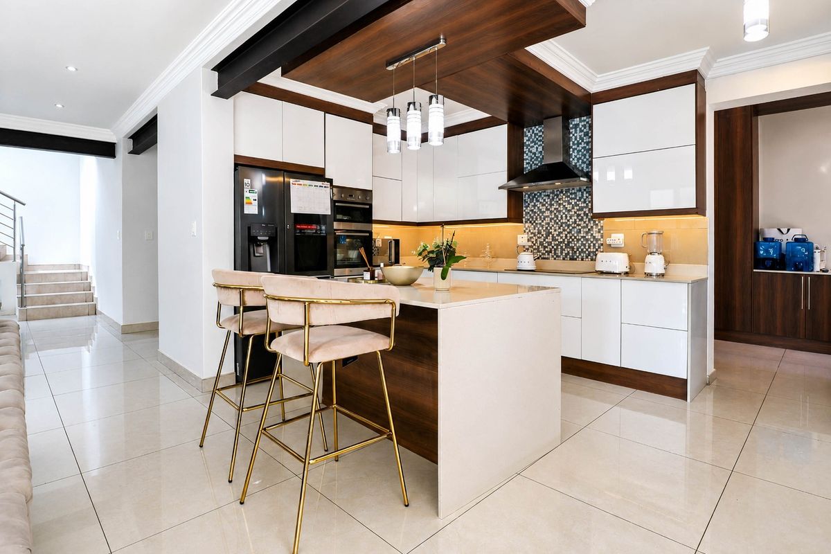Modern kitchen featuring a central island, high-gloss cabinetry, stone countertops, mosaic backsplash, and integrated appliances with elegant pendant lighting.