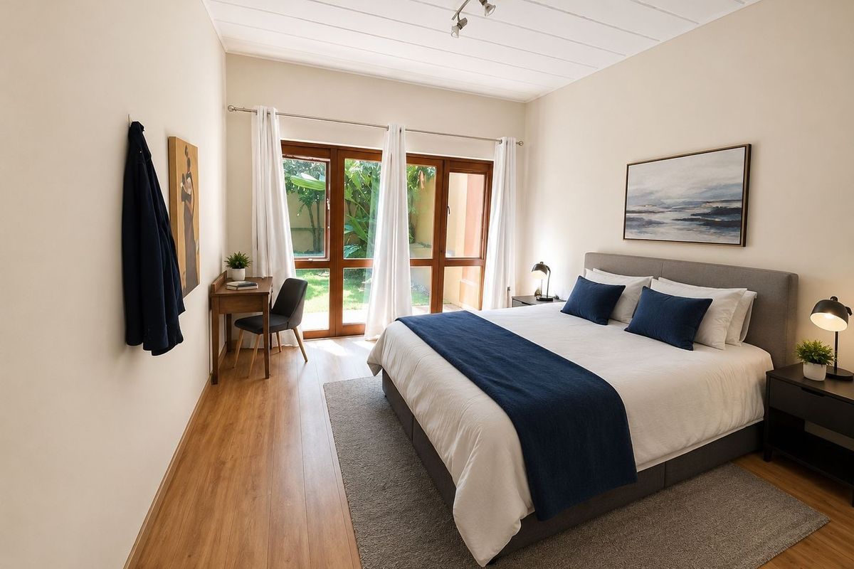 A well-maintained bedroom featuring laminate flooring, panelled ceiling, and direct access to a private garden through timber-framed glass doors.