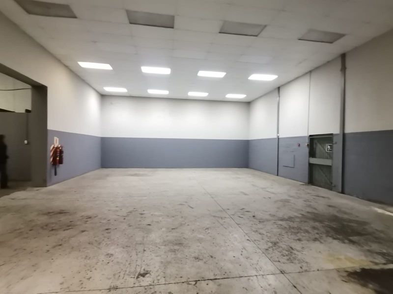 Spacious industrial warehouse unit featuring high ceilings with recessed lighting, concrete flooring, and a secure metal access door.