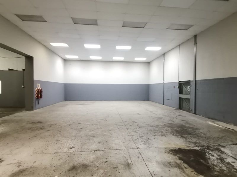 Spacious industrial warehouse unit featuring high ceilings with recessed lighting, concrete flooring, and a secure metal access door.