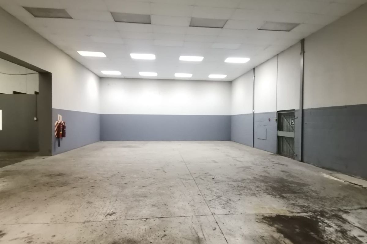 Spacious industrial warehouse unit featuring high ceilings with recessed lighting, concrete flooring, and a secure metal access door.