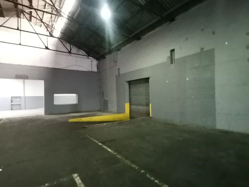 Spacious industrial warehouse interior featuring high vaulted ceilings, concrete flooring, and a dedicated loading bay with a roller shutter door.