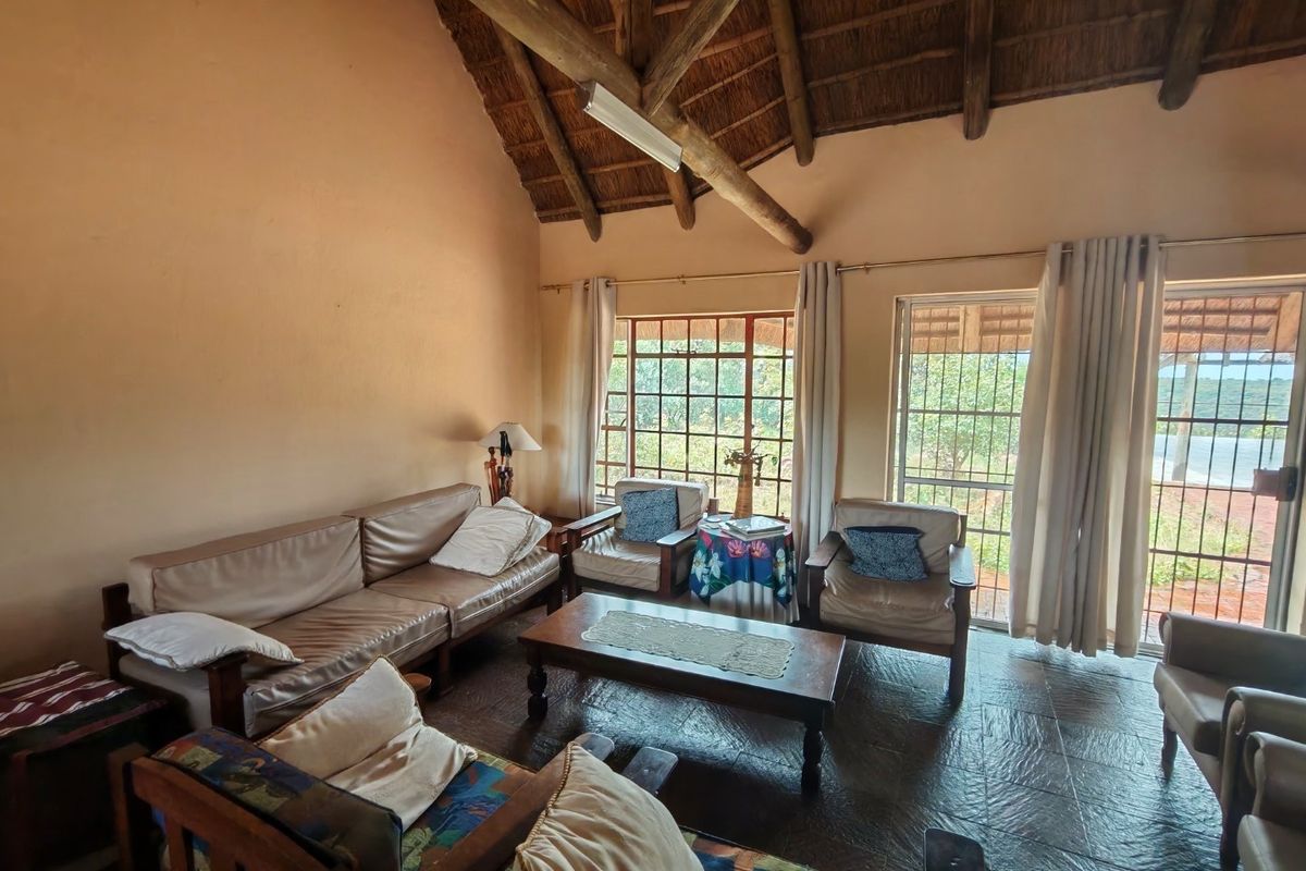 A rustic living room featuring a high vaulted thatched ceiling with exposed timber beams and large windows overlooking the garden.