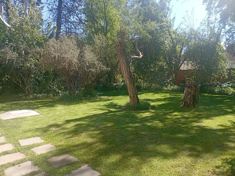 A spacious, established garden featuring a lush green lawn, mature trees, and paved stepping stones, offering a private outdoor setting.
