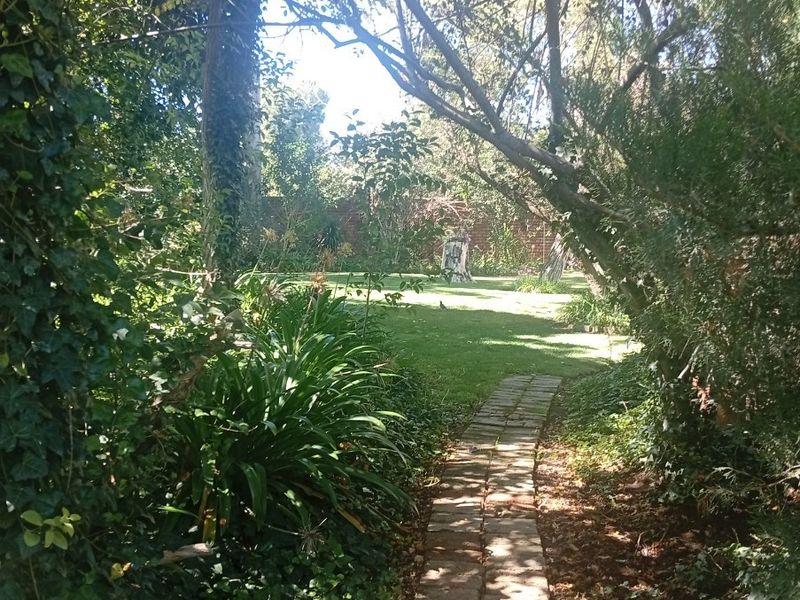 A lush, established garden featuring a brick pathway leading through mature trees and greenery toward a lawn area.