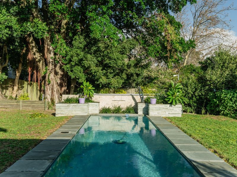 A rectangular swimming pool featuring stone coping and a decorative stone retaining wall, set within a lush, mature garden environment.