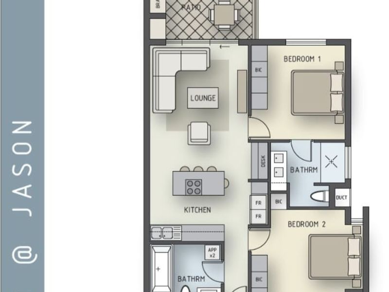 A detailed floor plan for a two-bedroom apartment featuring an open-plan kitchen and lounge area, two bathrooms, and a patio with a built-in braai.