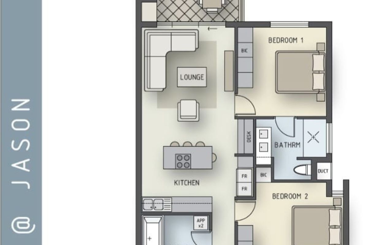 A detailed floor plan for a two-bedroom apartment featuring an open-plan kitchen and lounge area, two bathrooms, and a patio with a built-in braai.