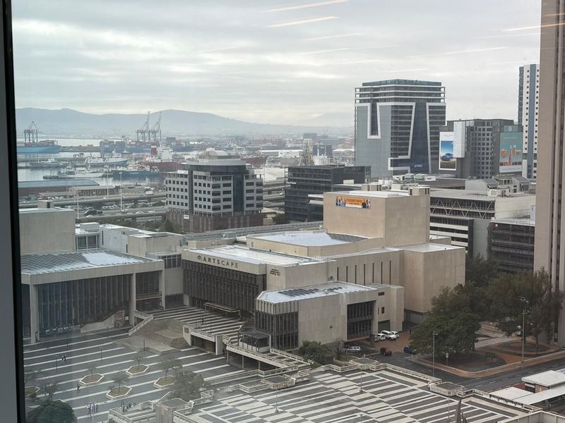 Elevated city view overlooking the Artscape Theatre Centre and surrounding urban infrastructure, captured from an office window.