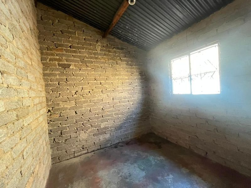 An unfinished utility space featuring exposed brick walls, a corrugated metal roof, and a concrete floor, suitable for storage or renovation.