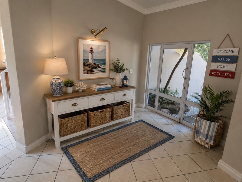 A bright and welcoming entrance hall featuring tiled flooring, a glass-paneled door, and a modern wall-mounted light fixture.
