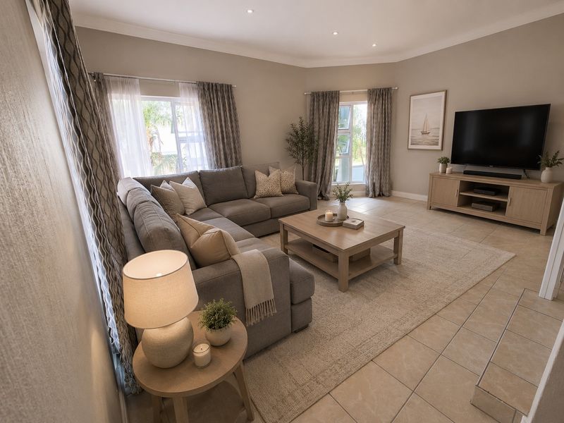 A well-maintained living room featuring neutral tiled flooring, recessed ceiling lighting, and large windows with curtain tracks.