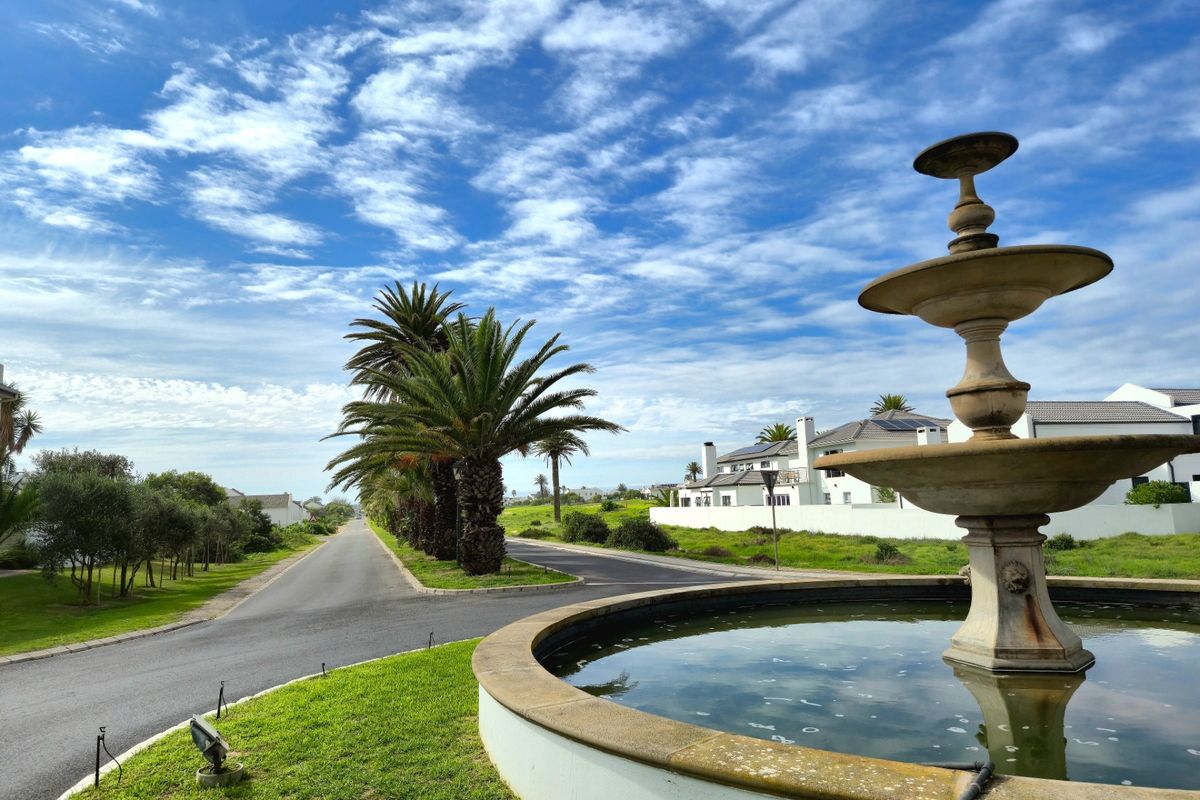 A scenic view of a residential estate street featuring a decorative stone fountain, manicured lawns, and mature palm trees under a clear blue sky.