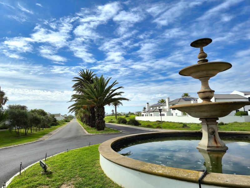 A scenic view of a residential estate street featuring a decorative stone fountain, manicured lawns, and mature palm trees under a clear blue sky.