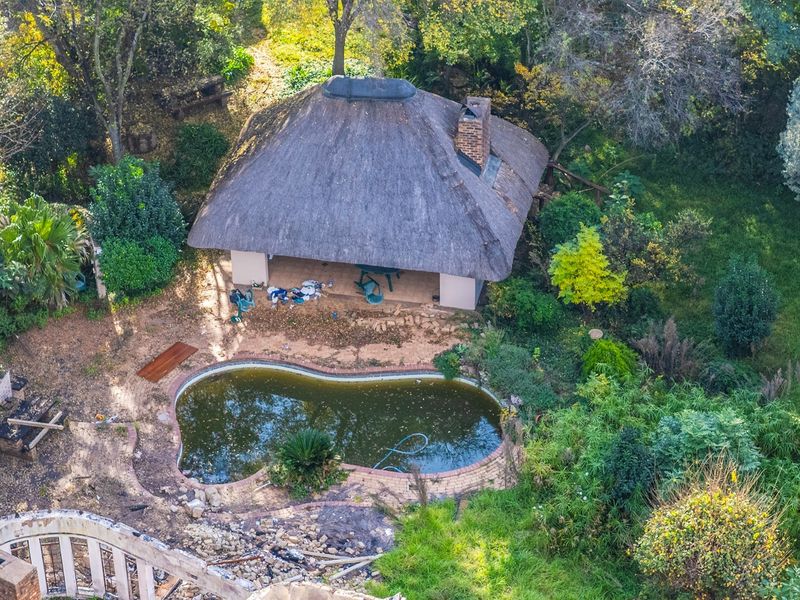 Aerial view of a residential property featuring a swimming pool, a thatched-roof outdoor structure, and extensive mature garden landscaping requiring maintenance.
