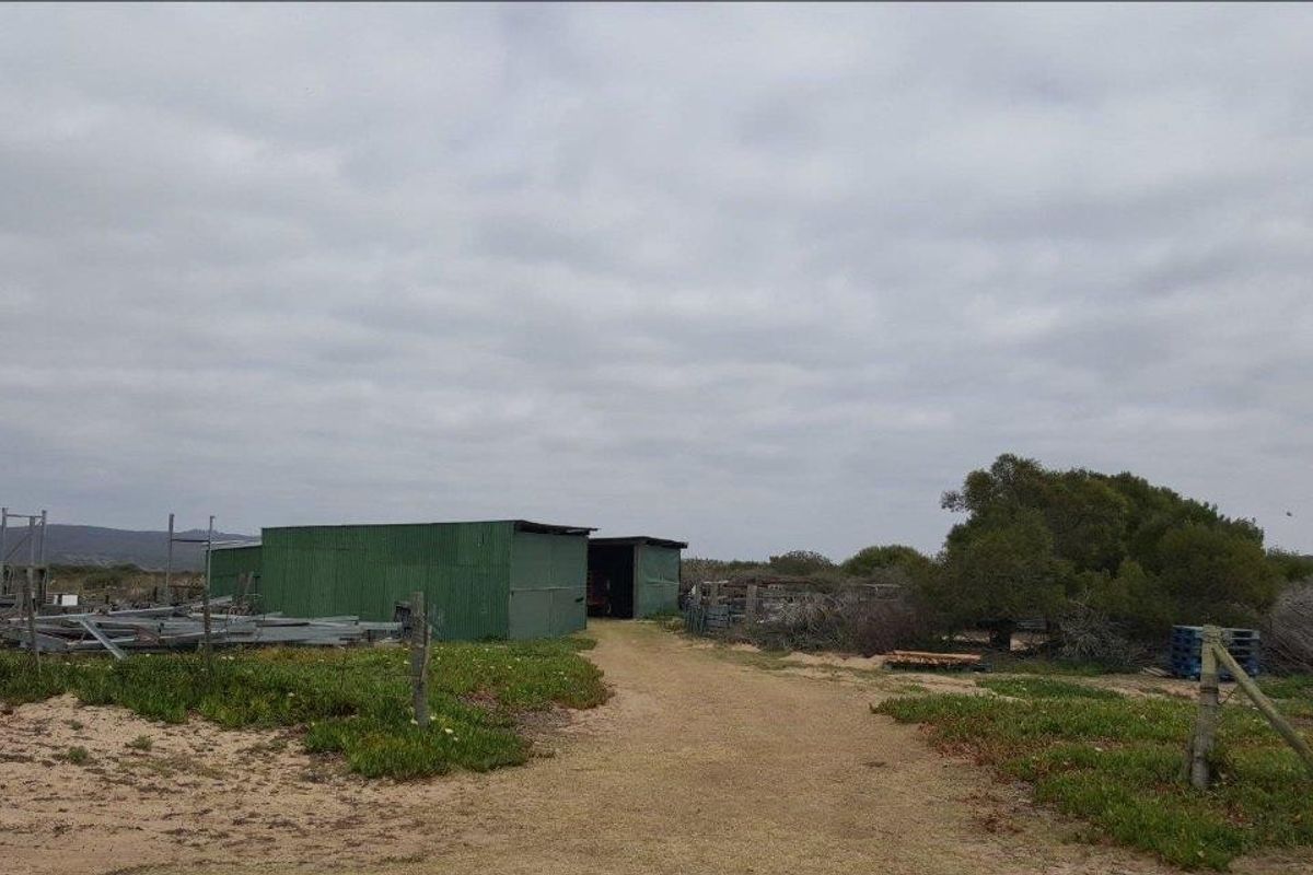 A rural farm property featuring a green corrugated metal shed structure set within an open, natural landscape with dirt access paths.