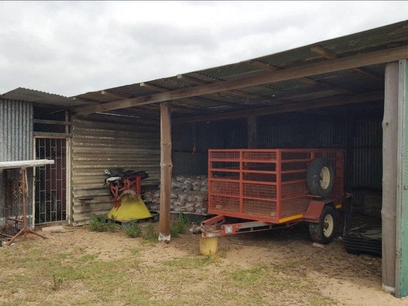 A functional farm utility shed featuring corrugated metal roofing and siding, providing covered storage space for agricultural equipment and supplies.