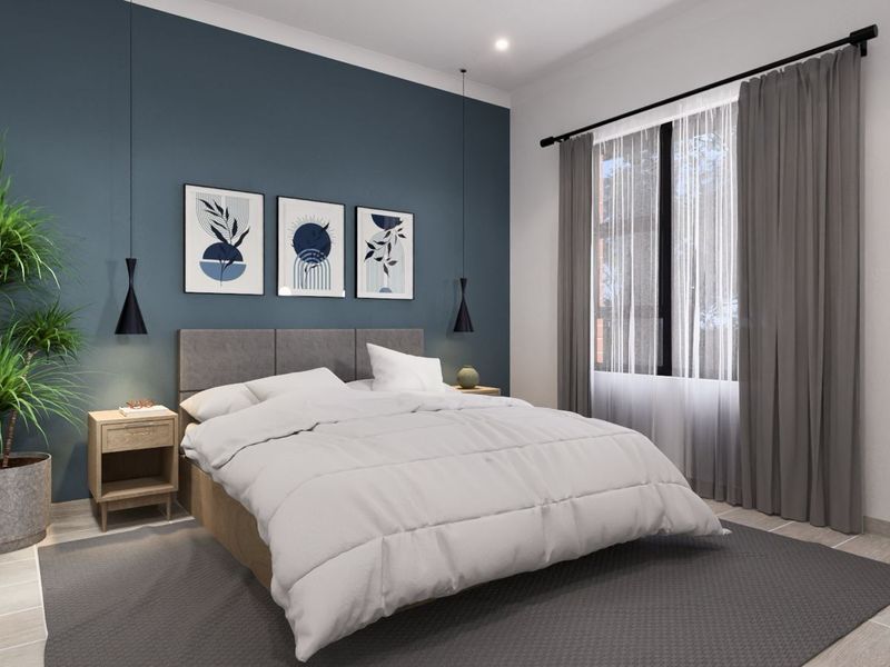 A modern bedroom featuring a blue accent wall, tiled flooring, and large windows with curtains, creating a bright and comfortable living space.