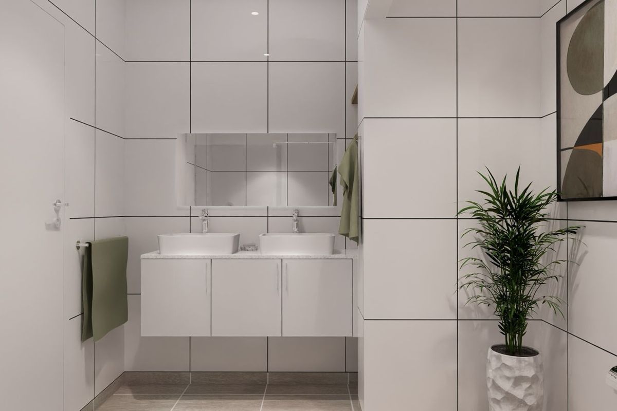 Modern bathroom featuring a floating double vanity with vessel sinks, large wall mirror, and floor-to-ceiling white tiled walls with dark grout lines.