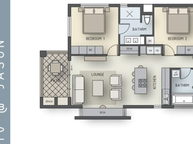 A detailed floor plan showing a two-bedroom apartment layout with an open-plan kitchen, lounge, two bathrooms, and a patio with a braai area.