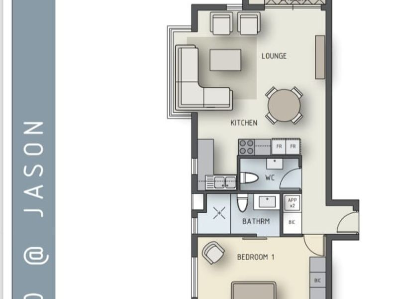 A detailed floor plan for 10 @ Jason, showcasing the layout of the bedroom, bathroom, kitchen, lounge, and balcony area.