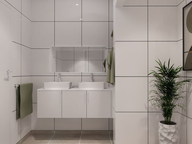 Modern bathroom featuring a floating double vanity with vessel sinks, large wall mirror, and floor-to-ceiling white tiled walls with dark grout lines.