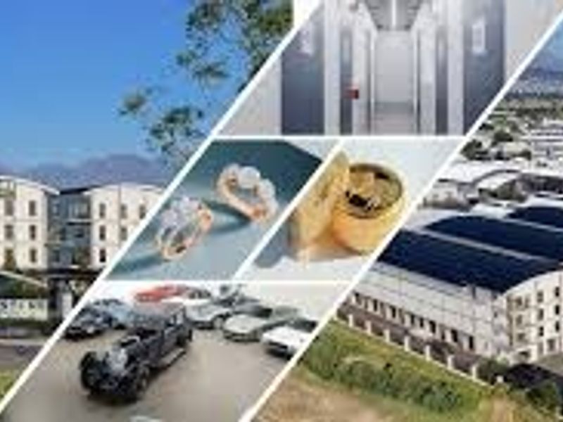 A composite image showcasing the commercial property exterior, aerial views, and interior storage facilities.