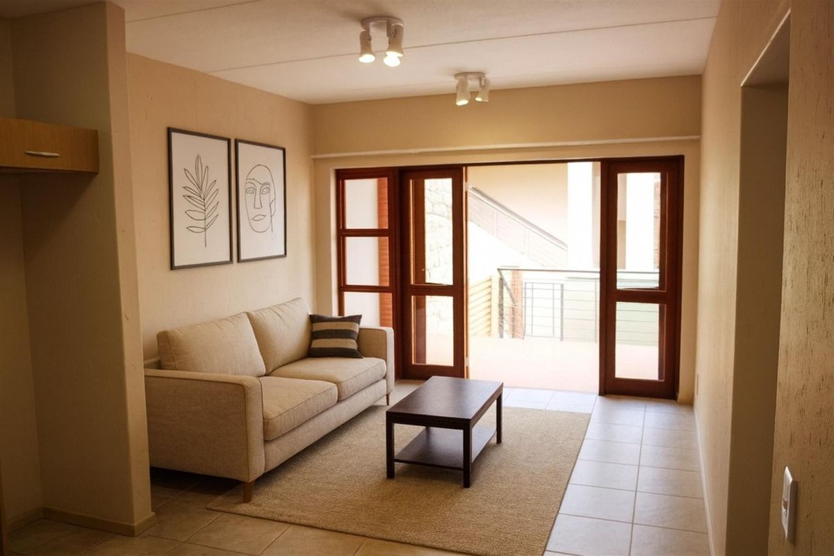 A bright living room featuring tiled flooring and large wooden-framed glass doors that open onto an outdoor balcony area.