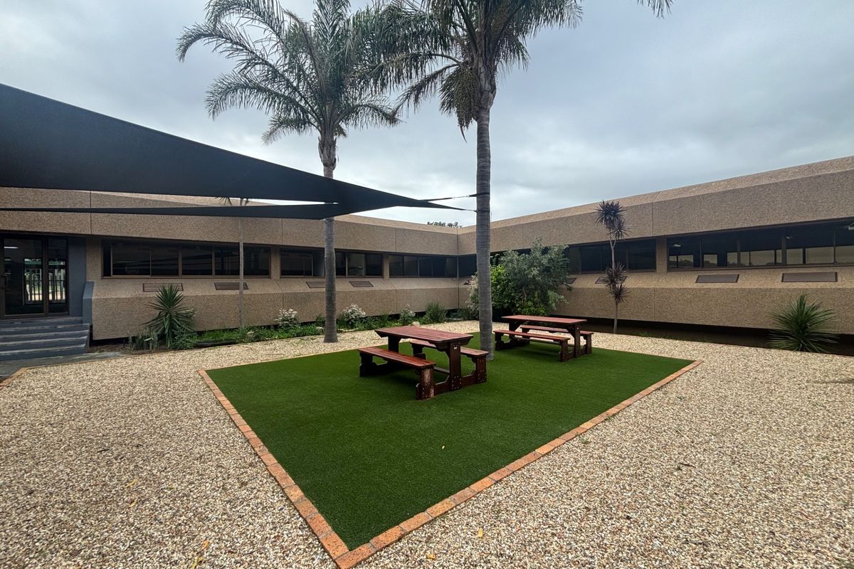 A well-maintained outdoor courtyard area featuring artificial turf, gravel landscaping, shade sails, and mature palm trees, providing a pleasant break space for office staff.
