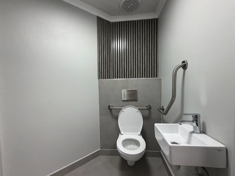 Modern accessible bathroom featuring a wall-mounted toilet, stainless steel grab rails, and a wall-mounted basin with contemporary finishes.