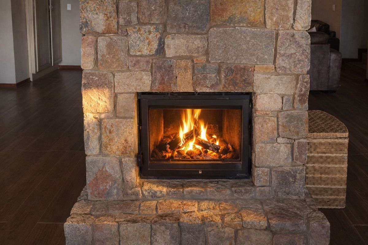 A feature stone fireplace with a built-in wood-burning insert, creating a warm focal point in the living area.